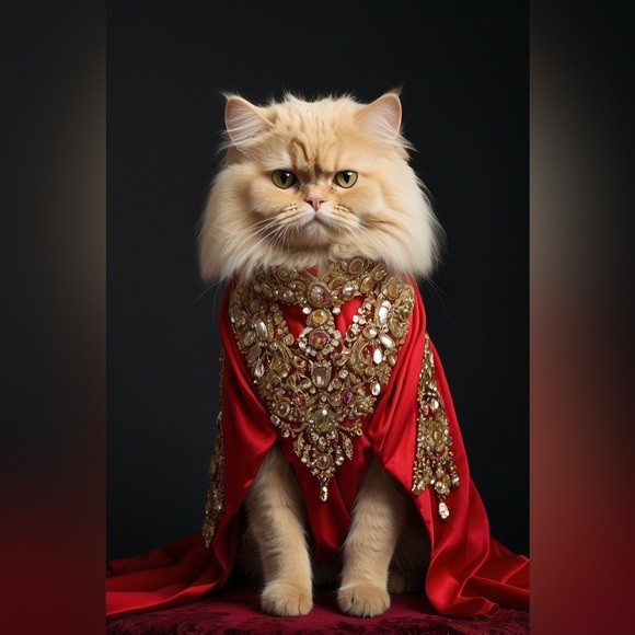 HANDCRAFTED digital art print Luxurious Red and Gold Cat Cape print NWT - Picture 1 of 10